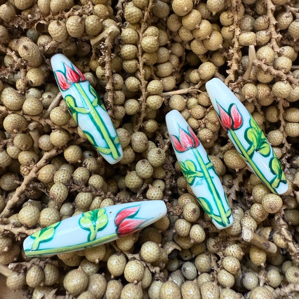 Bundle of 4 Glass Ceramic Floral Tulip Hand Painted Beads